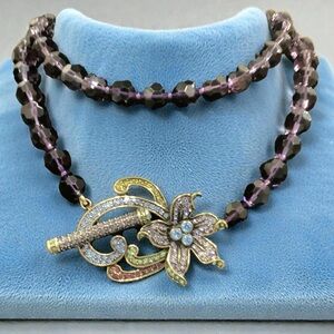 Heidi Daus Purple Beaded Necklace with Swarovski Crystal Floral Pendant. NWOT
